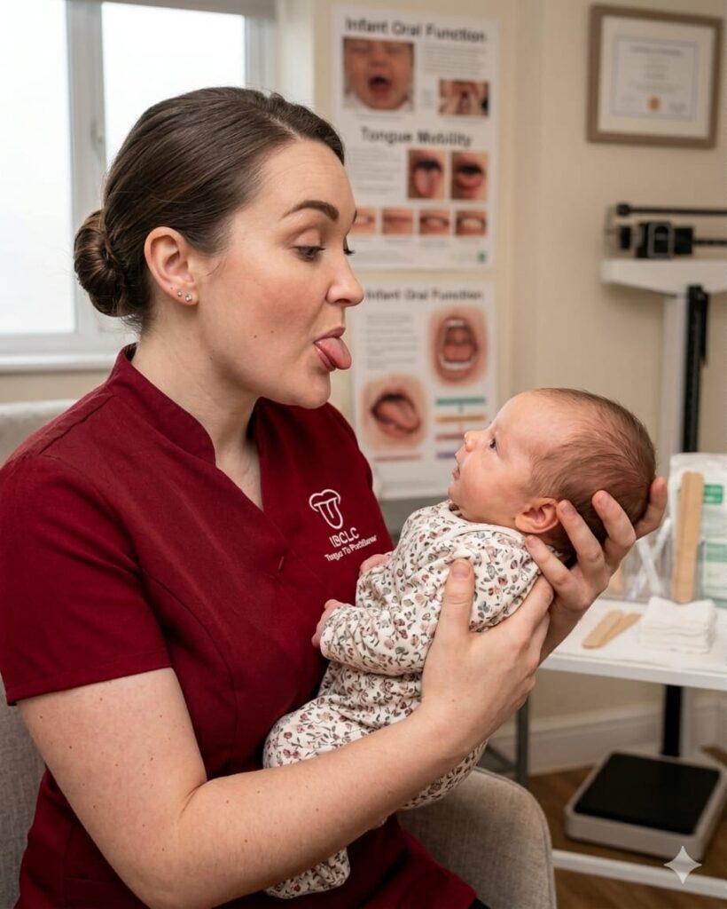 Midwife sticking tongue out at baby follow-up tongue tie