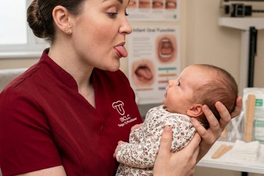 Midwife sticking tongue out at baby follow-up tongue tie